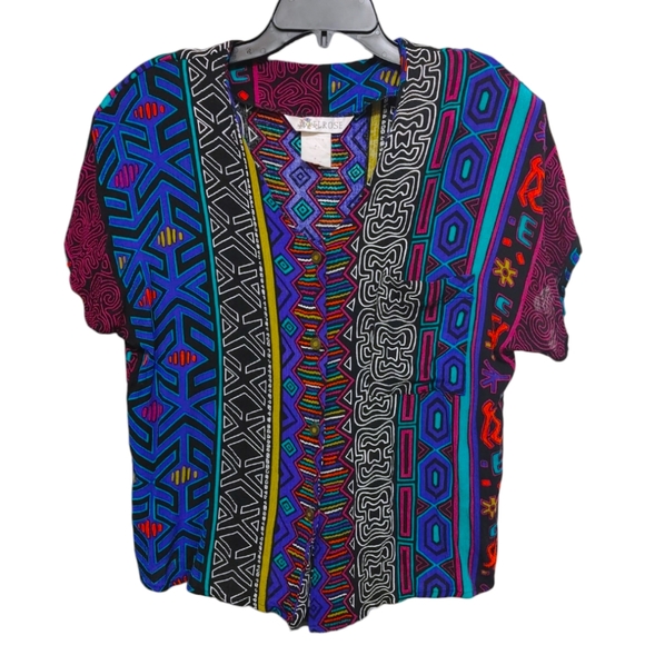 Vintage Melrose Colorful 80s Button Front Shoulder Pad Shirt Womens Size Small S - Picture 6 of 6